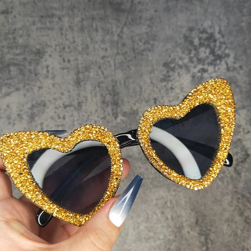 Women's Retro Fashion Heart Love Sexy Bling Stone Sunglasses