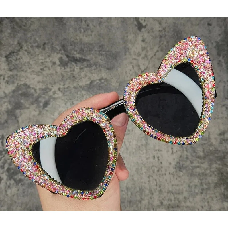 Women's Retro Fashion Heart Love Sexy Bling Stone Sunglasses