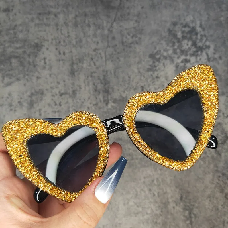 Women's Retro Fashion Heart Love Sexy Bling Stone Sunglasses