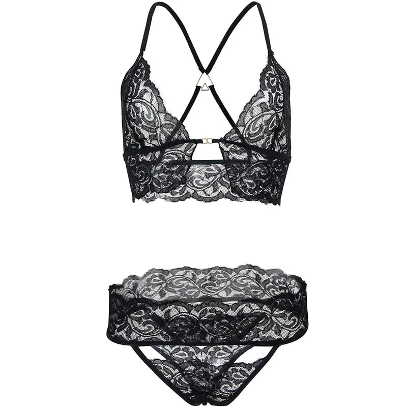 Women's Sexy Erotic Lace Floral Ultra Thin See-through Lingerie Set