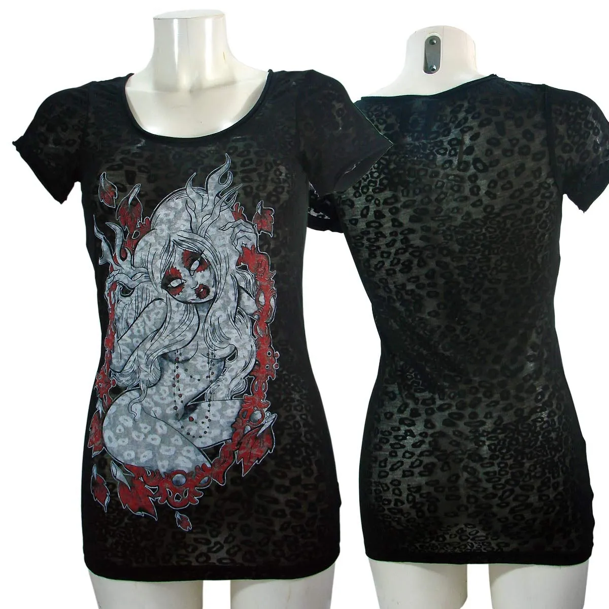 Women's T-shirt Top Antler Leopard Burnout Black